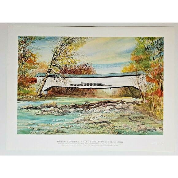 Vintage 1975 union covered bridge near Paris Missouri poster 23.5" x 17.5" 165 - Picture 1 of 5